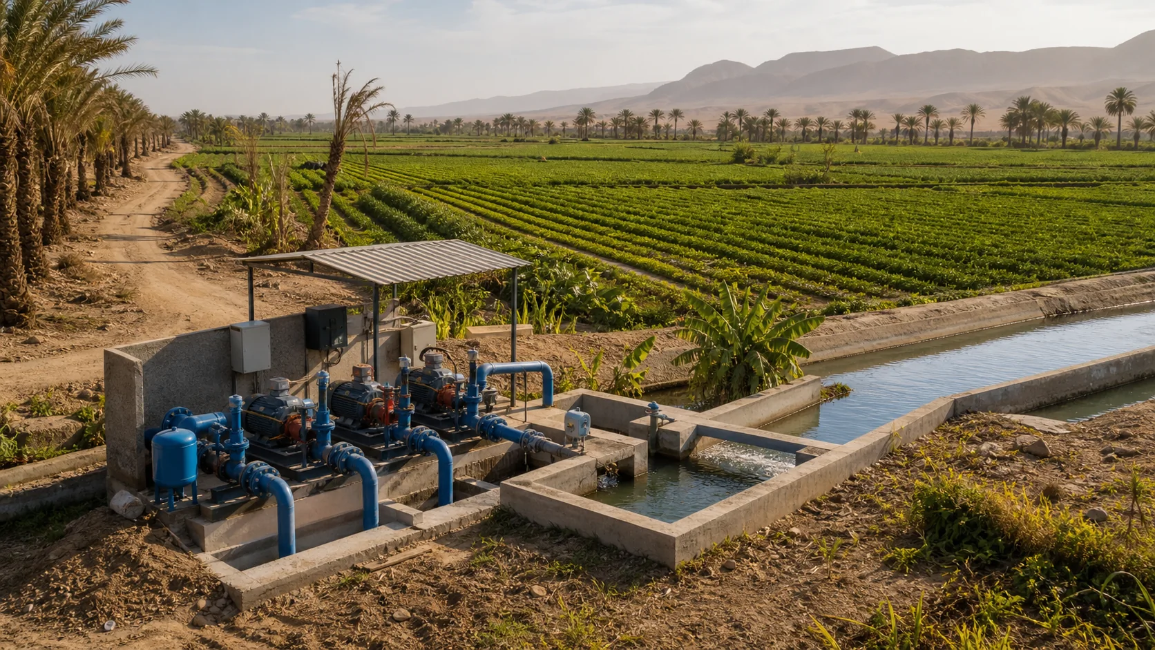Engineered irrigation pumping station serving cultivated land in Egypt.