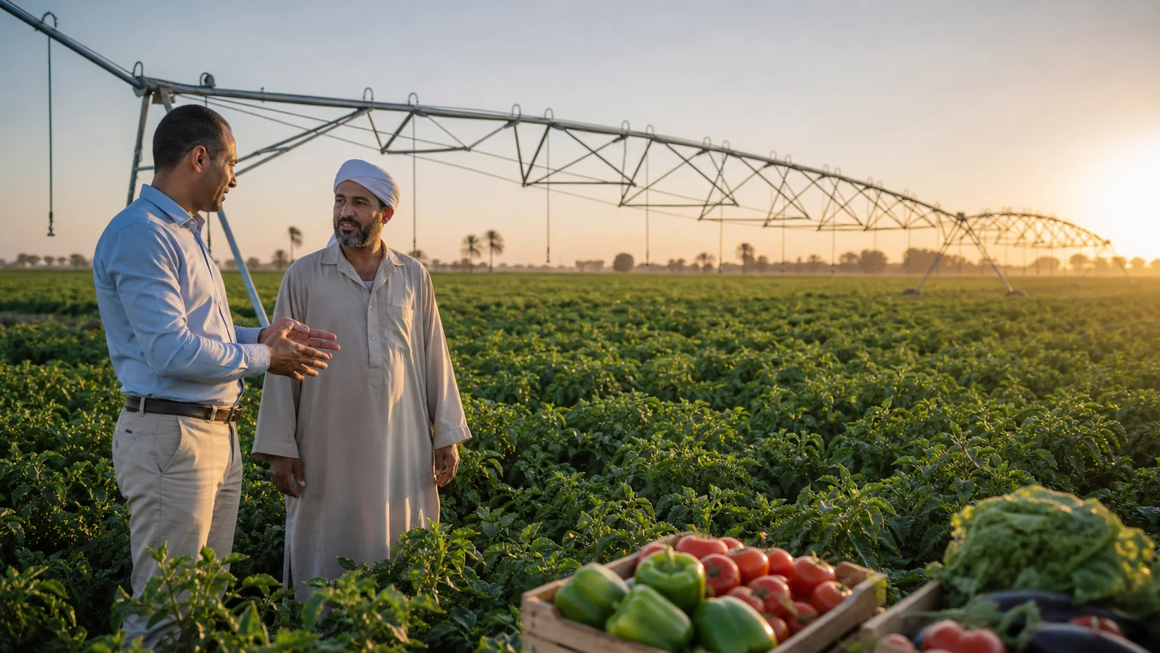 Agricultural project specialist meeting an Egyptian farmer beside a center-pivot irrigation system